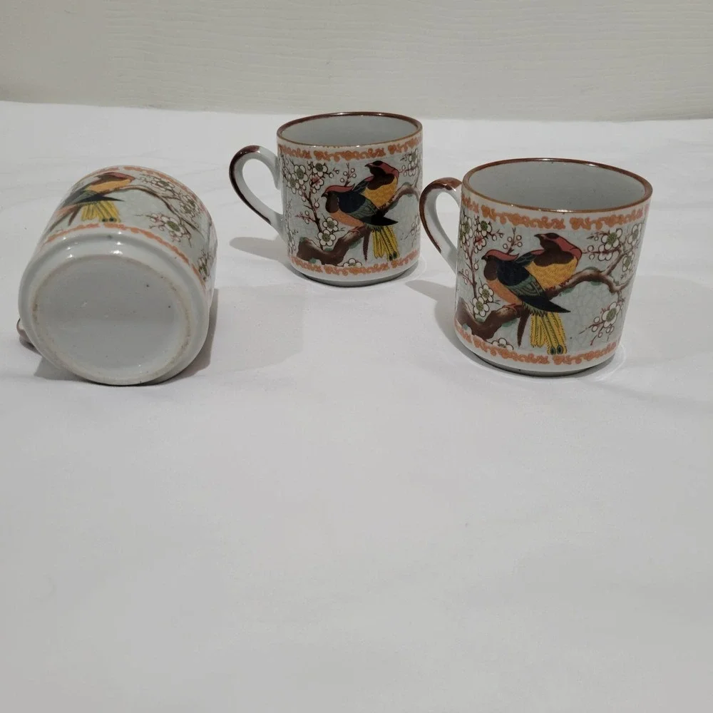Vintage Asian Style Stoneware Tea Cups Bird Motif Set of 3 Chinoiserie